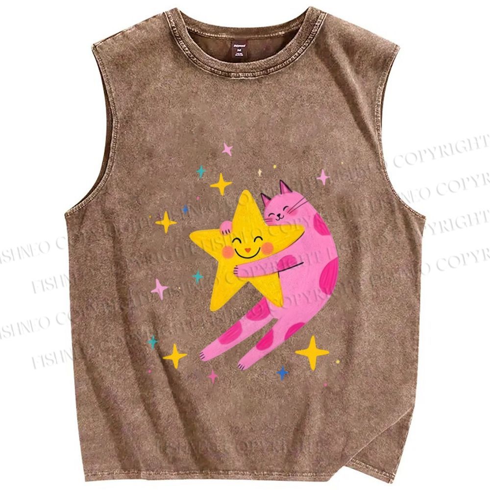 Unisex Pink Cat Holding Star Printed Washed Tank Top