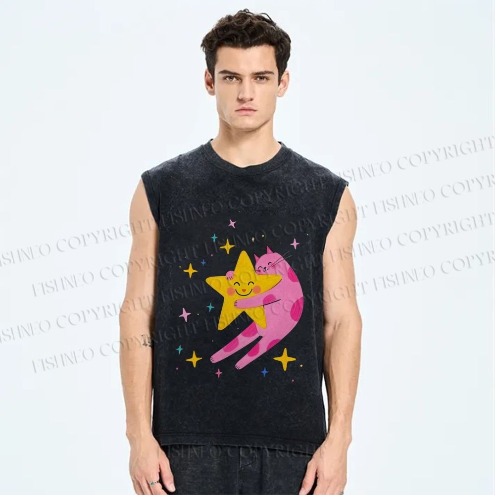 Unisex Pink Cat Holding Star Printed Washed Tank Top