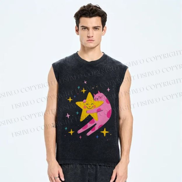 Unisex Pink Cat Holding Star Printed Washed Tank Top