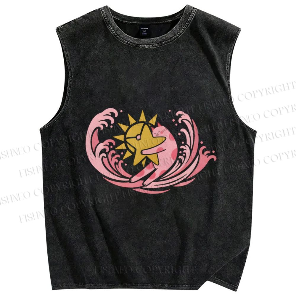 Unisex Pink Cat in Wave Printed Washed Tank Top
