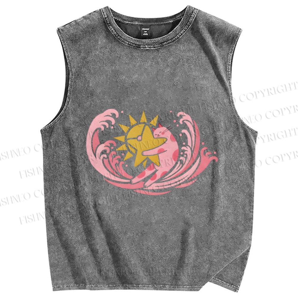 Unisex Pink Cat in Wave Printed Washed Tank Top