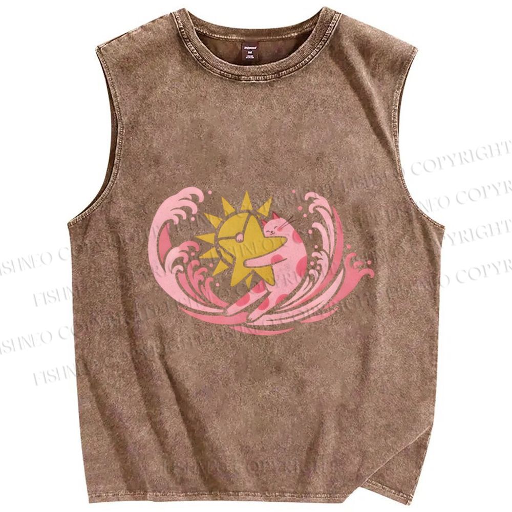 Unisex Pink Cat in Wave Printed Washed Tank Top