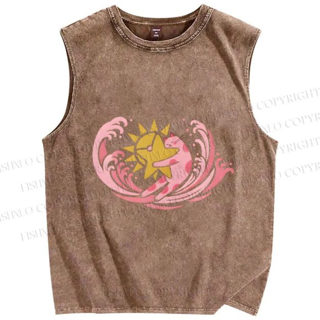 Unisex Pink Cat in Wave Printed Washed Tank Top