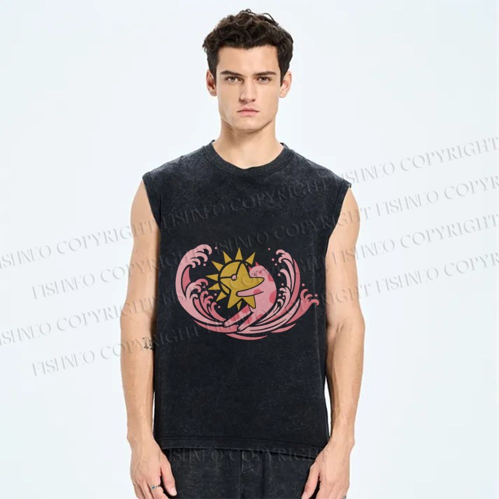 Unisex Pink Cat in Wave Printed Washed Tank Top
