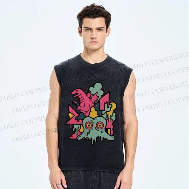 Unisex Godzilla vs Smog Monster Printed Washed Tank Top