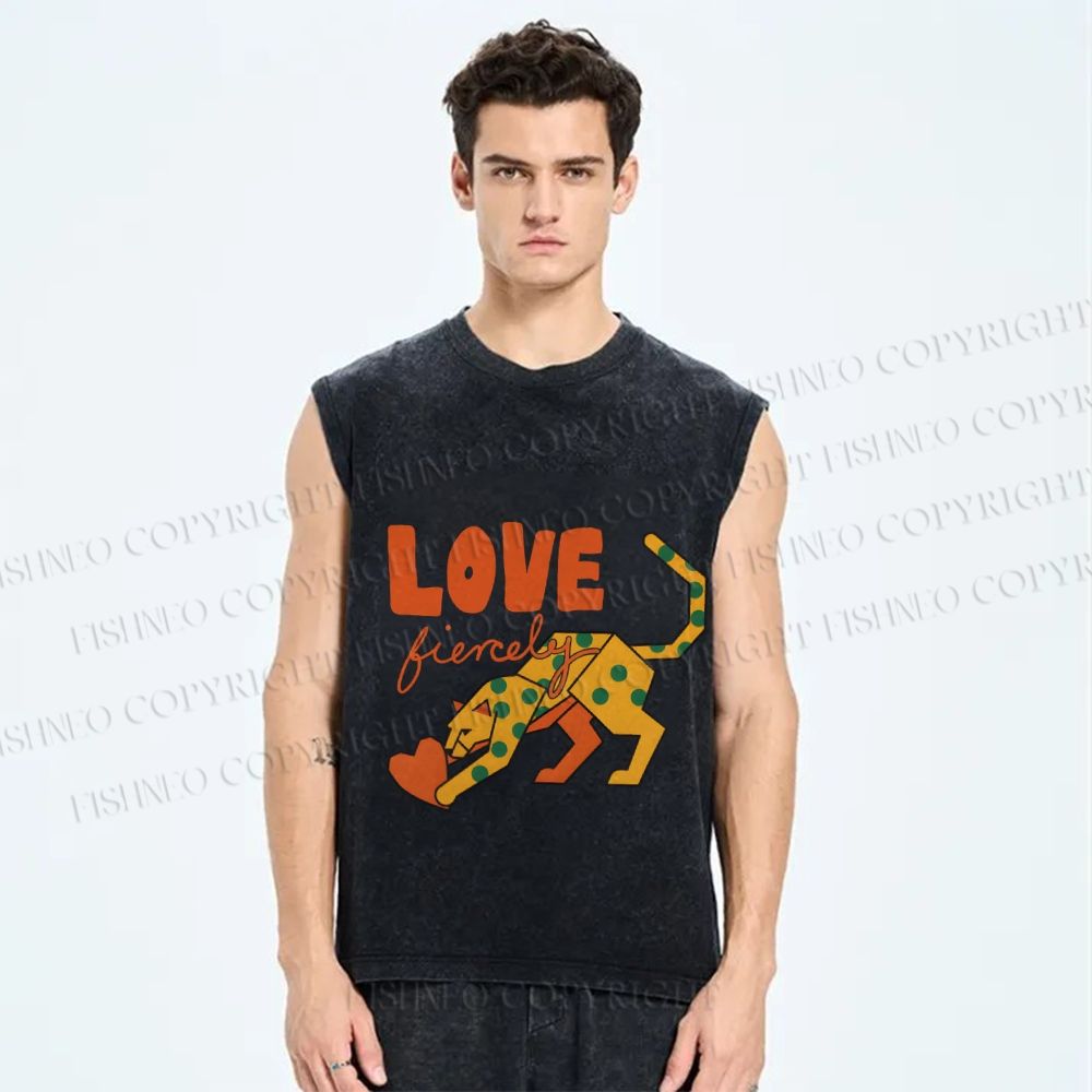 Unisex Panther in Love Printed Washed Tank Top
