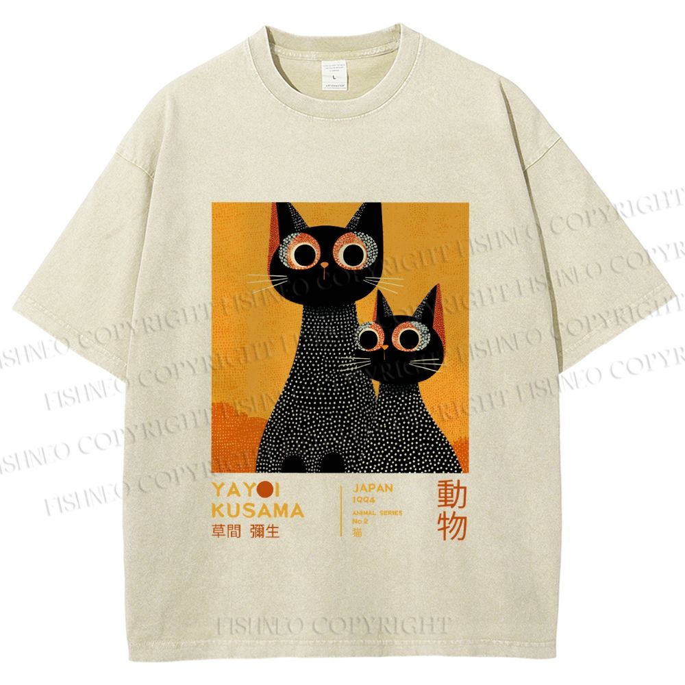 Unisex Yayoi Kusama Black Cats Printed Washed Tee