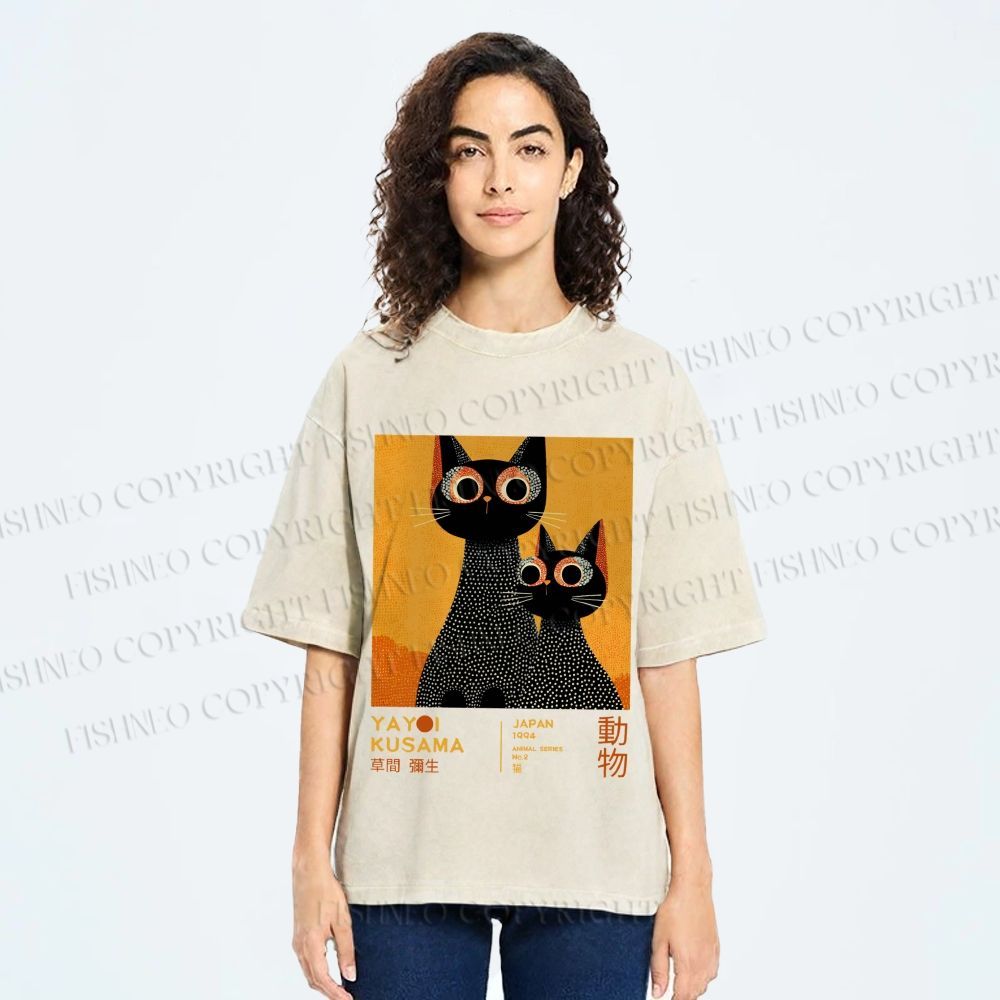 Unisex Yayoi Kusama Black Cats Printed Washed Tee