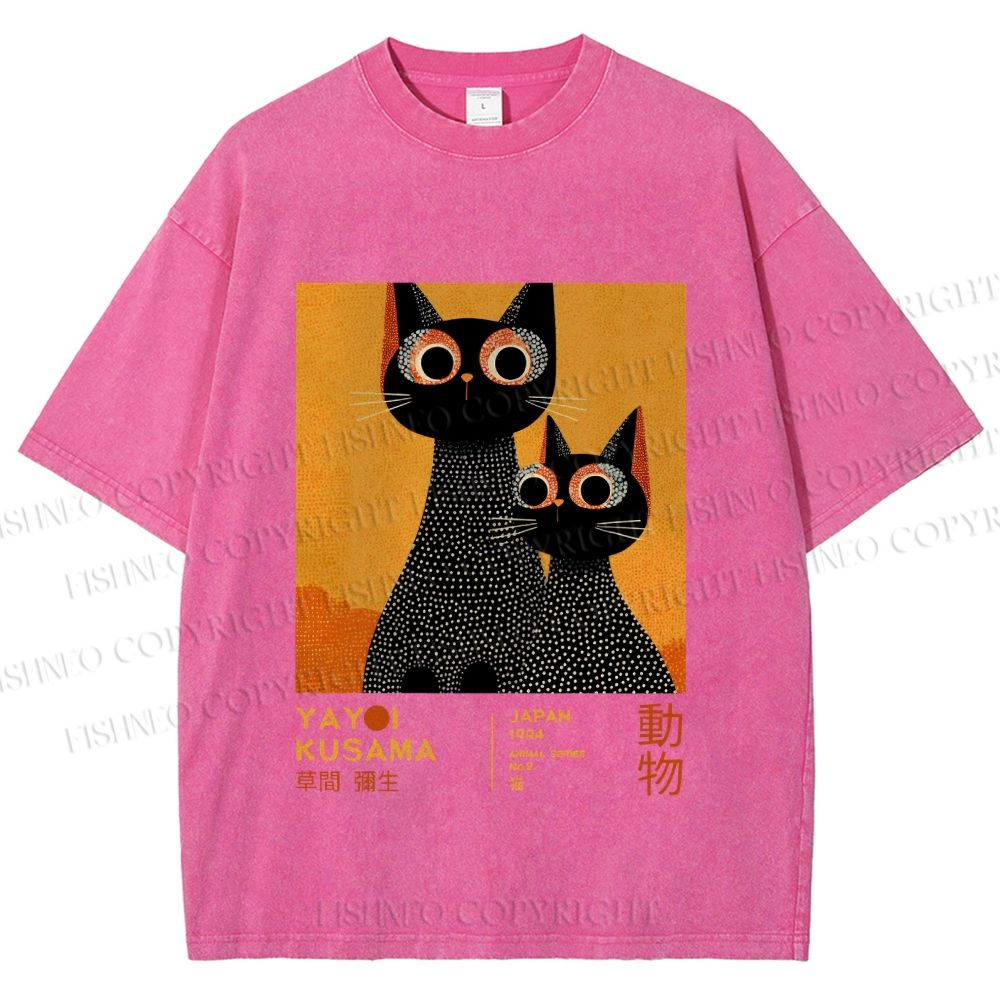 Unisex Yayoi Kusama Black Cats Printed Washed Tee