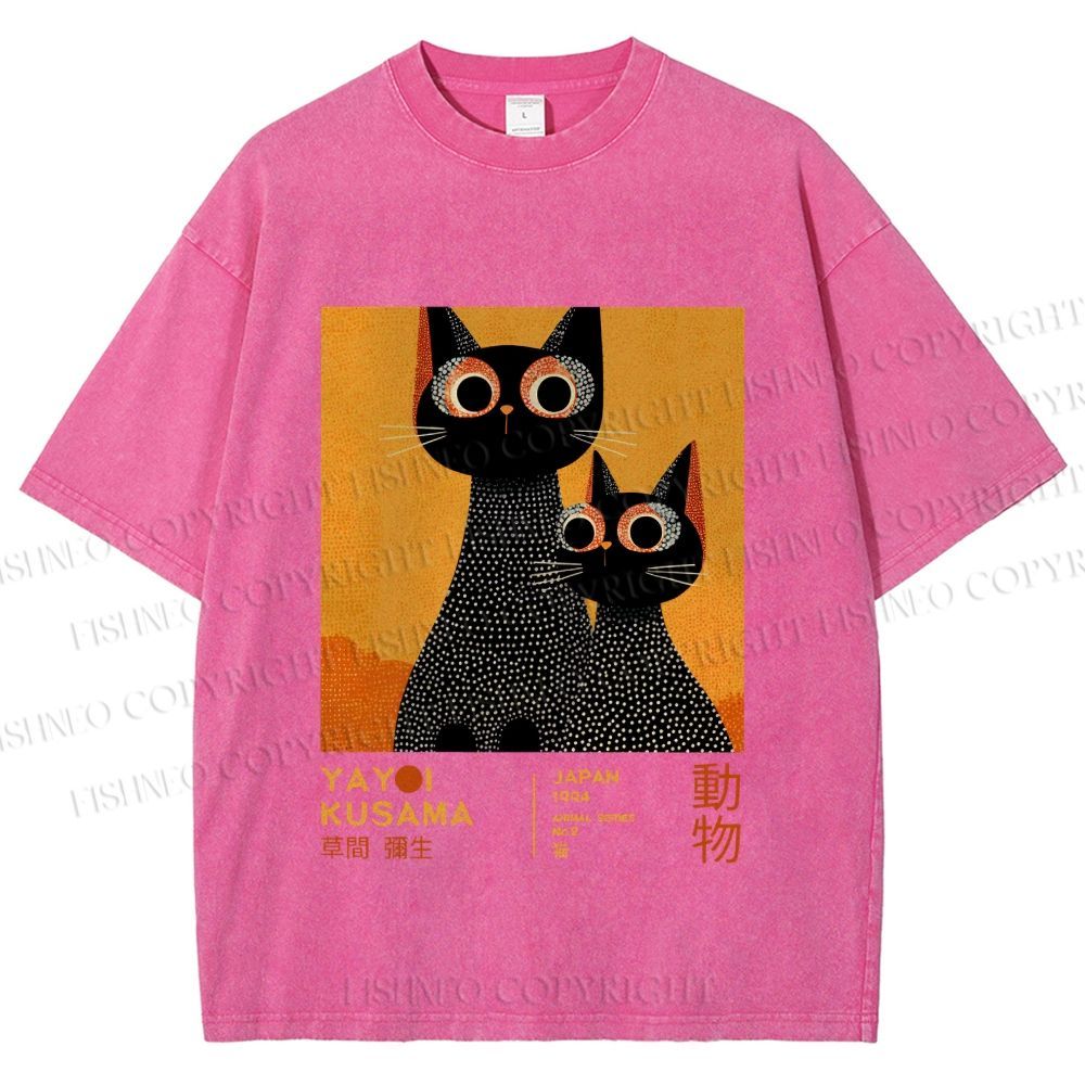 Unisex Yayoi Kusama Black Cats Printed Washed Tee