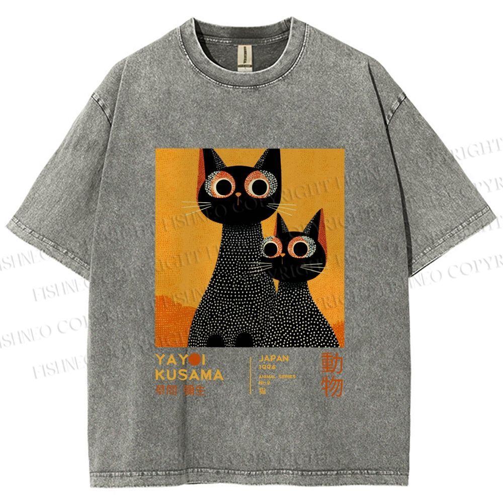 Unisex Yayoi Kusama Black Cats Printed Washed Tee