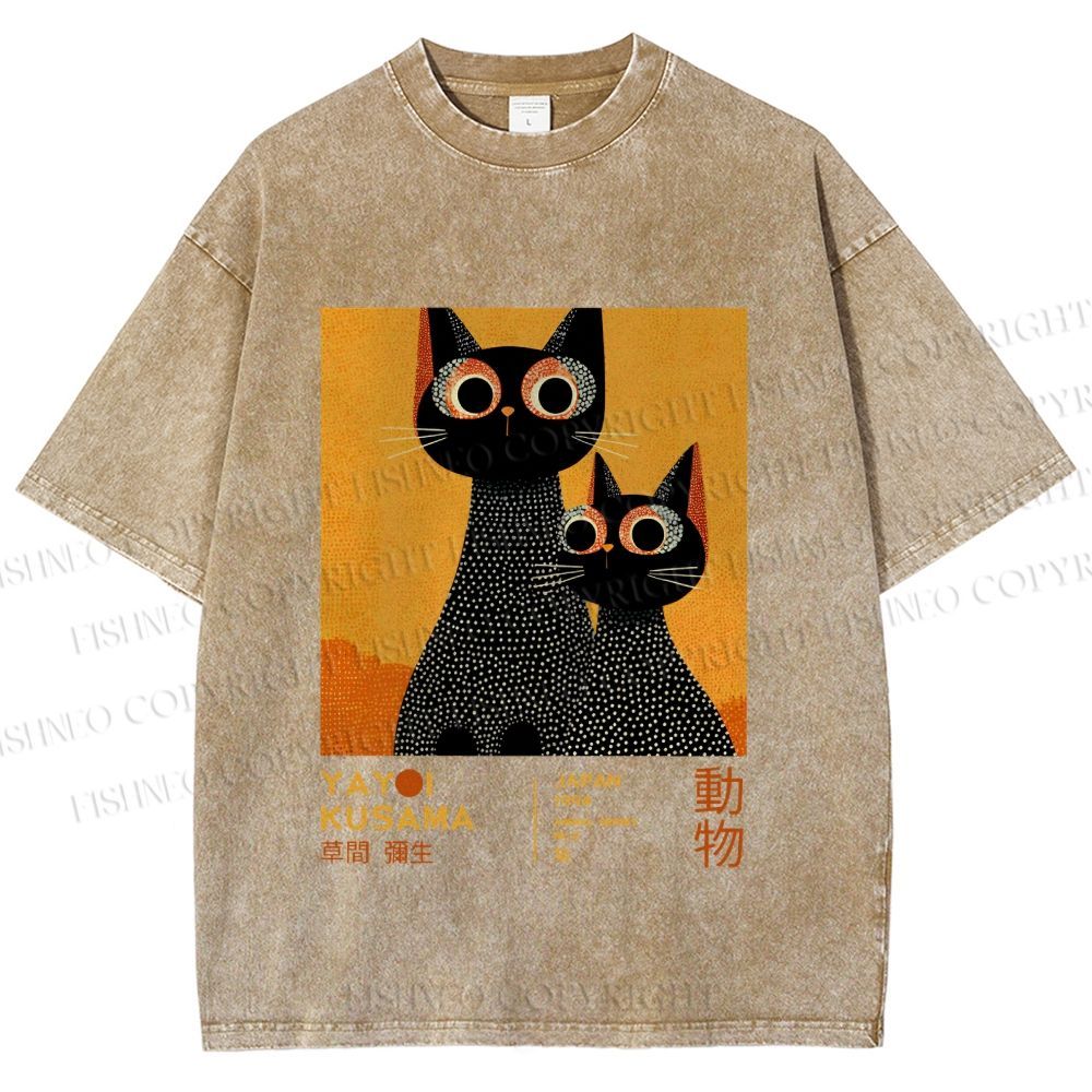 Unisex Yayoi Kusama Black Cats Printed Washed Tee