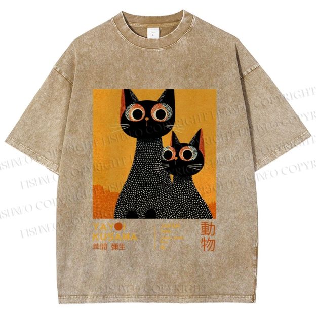 Unisex Yayoi Kusama Black Cats Printed Washed Tee
