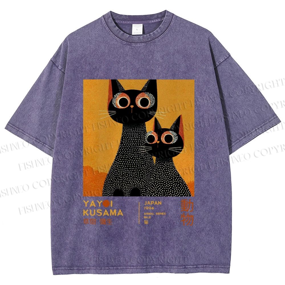 Unisex Yayoi Kusama Black Cats Printed Washed Tee