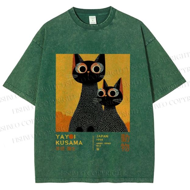 Unisex Yayoi Kusama Black Cats Printed Washed Tee