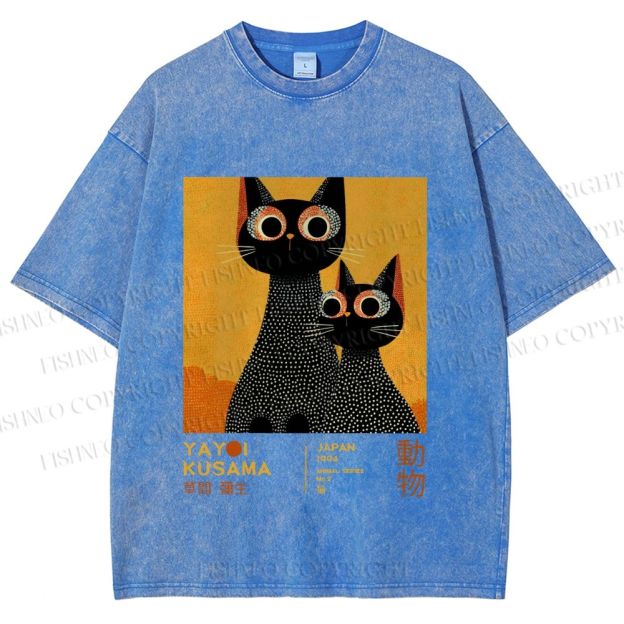 Unisex Yayoi Kusama Black Cats Printed Washed Tee
