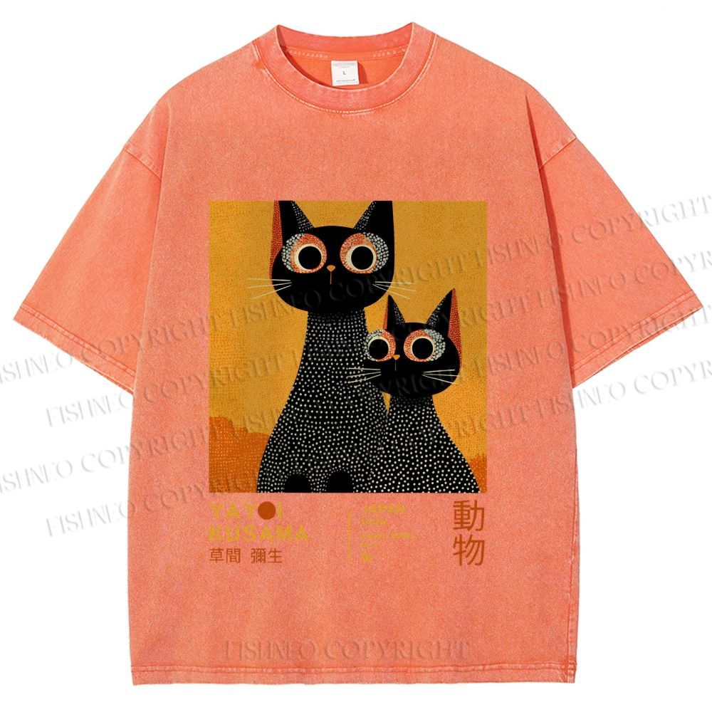 Unisex Yayoi Kusama Black Cats Printed Washed Tee