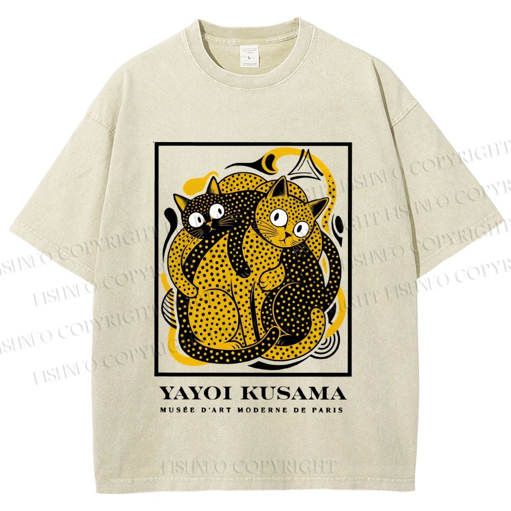 Unisex Yayoi Kusama Cats with Dots Printed Washed Tee