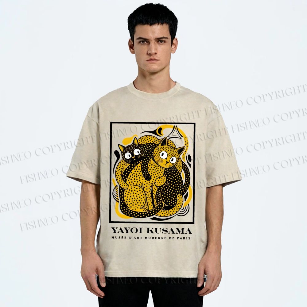 Unisex Yayoi Kusama Cats with Dots Printed Washed Tee
