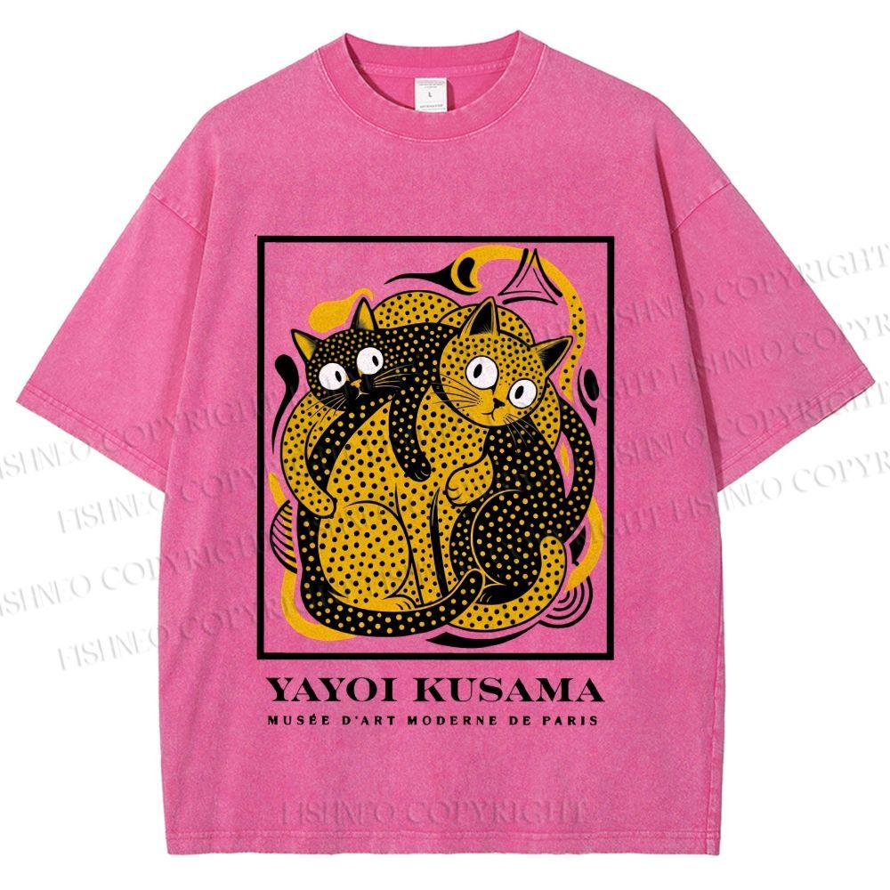 Unisex Yayoi Kusama Cats with Dots Printed Washed Tee