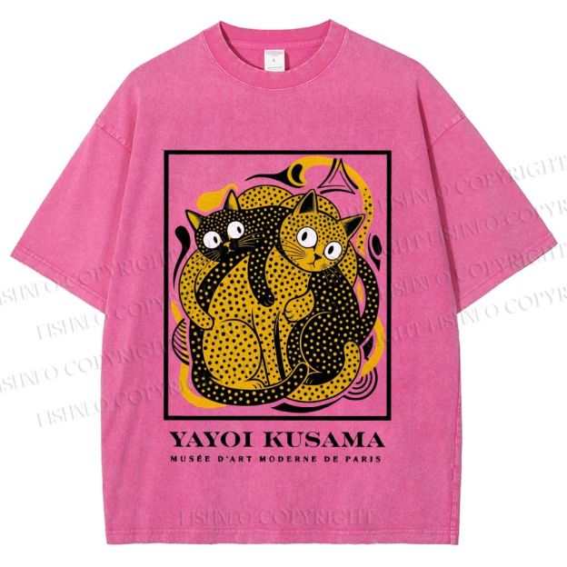 Unisex Yayoi Kusama Cats with Dots Printed Washed Tee