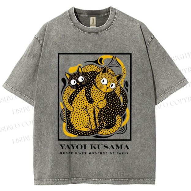 Unisex Yayoi Kusama Cats with Dots Printed Washed Tee
