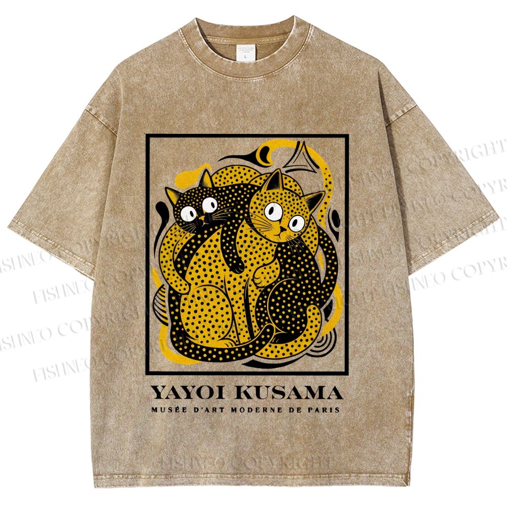 Unisex Yayoi Kusama Cats with Dots Printed Washed Tee