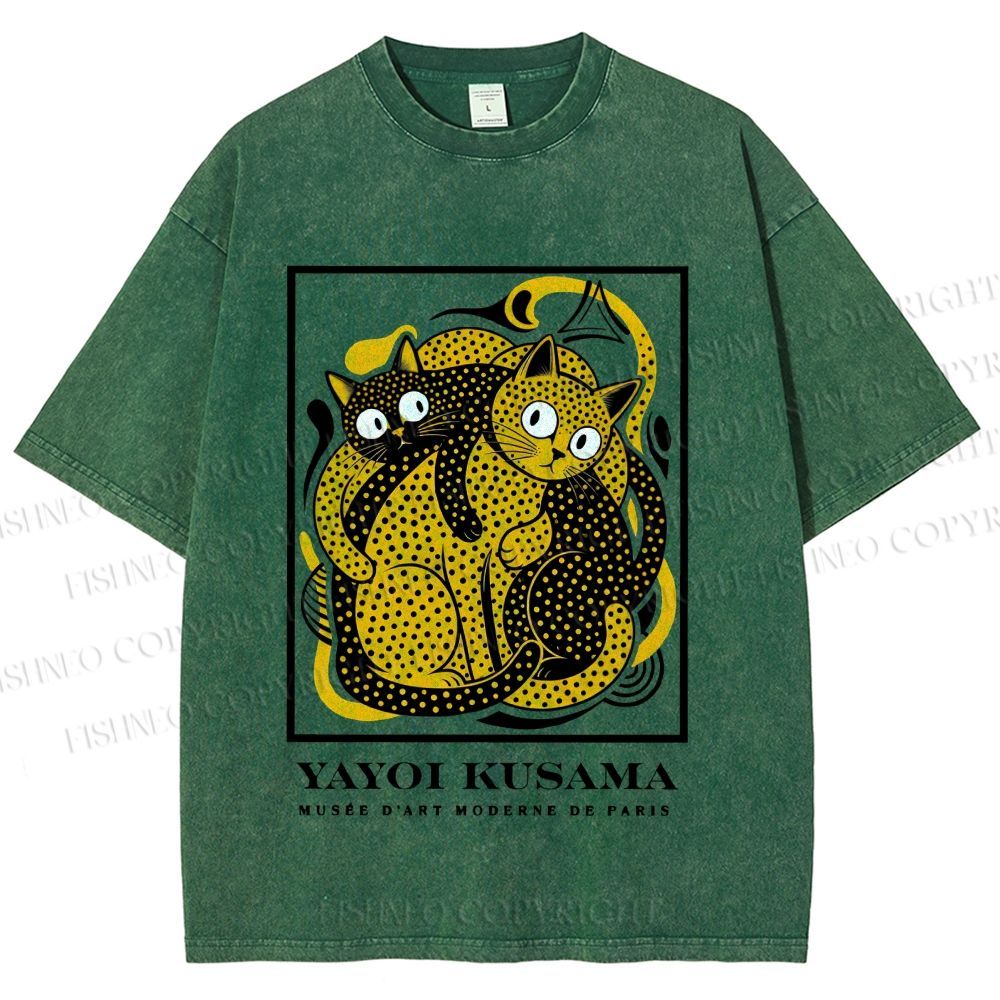 Unisex Yayoi Kusama Cats with Dots Printed Washed Tee
