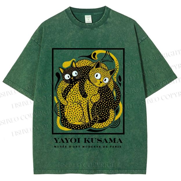 Unisex Yayoi Kusama Cats with Dots Printed Washed Tee