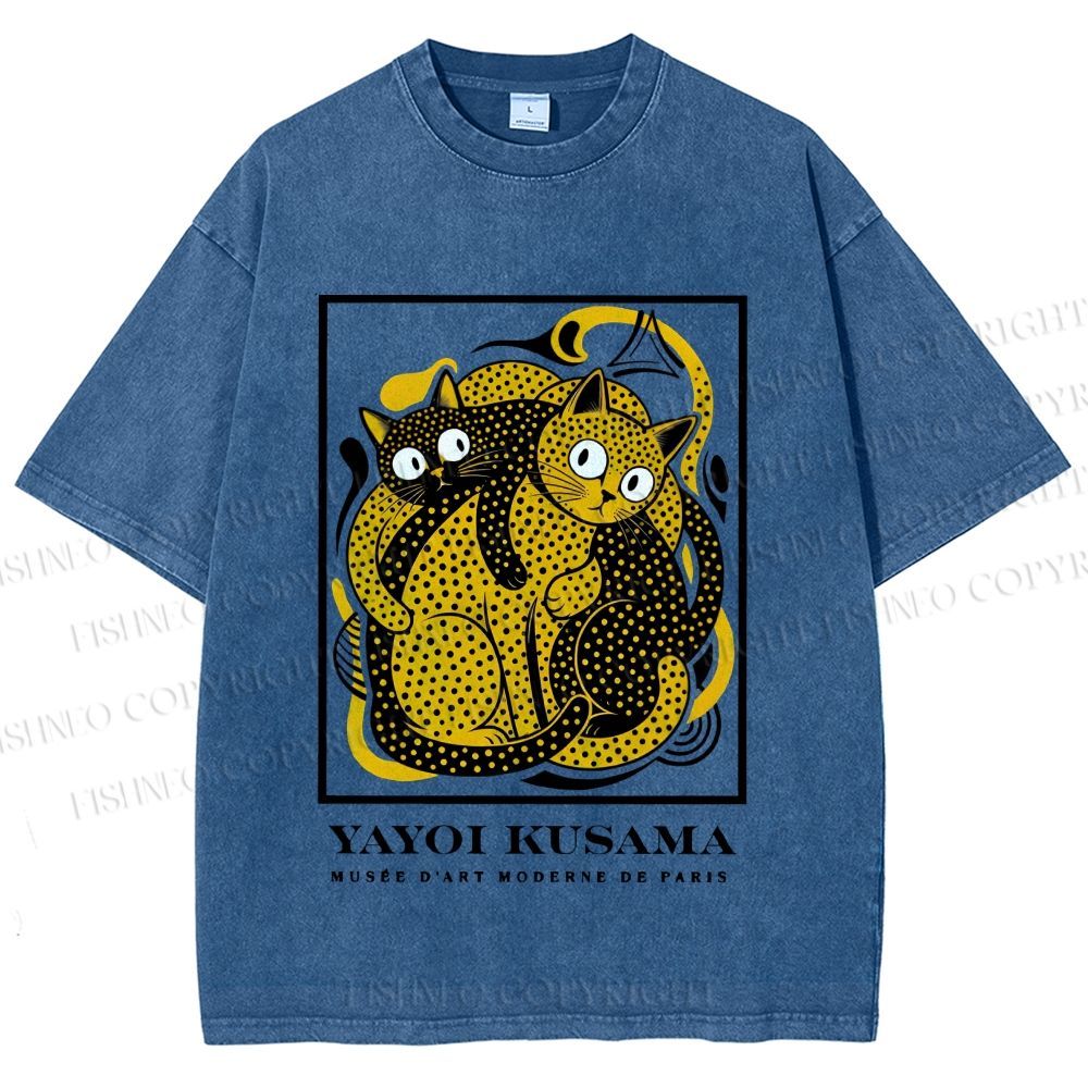 Unisex Yayoi Kusama Cats with Dots Printed Washed Tee