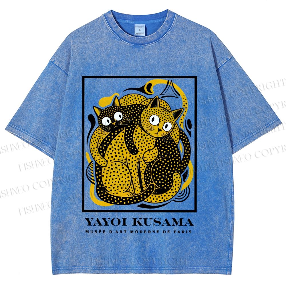 Unisex Yayoi Kusama Cats with Dots Printed Washed Tee