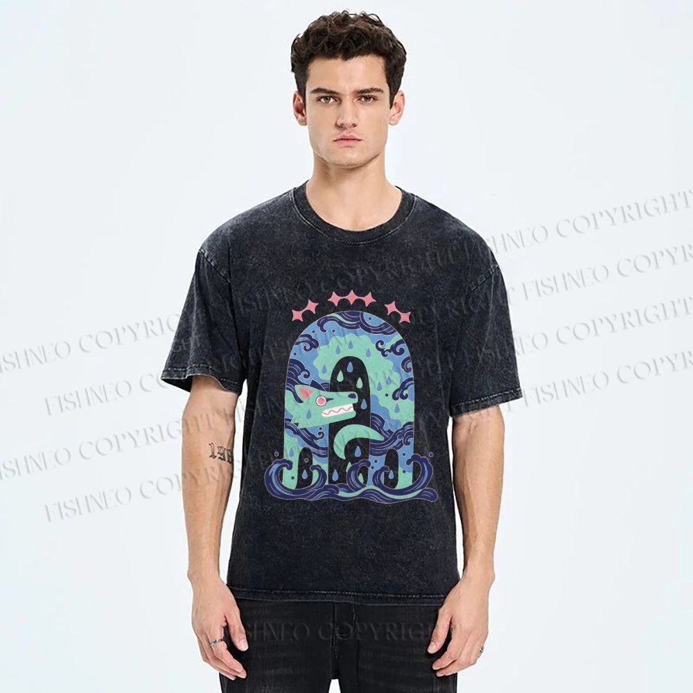 Unisex Wolf in Wave Printed Washed Tee