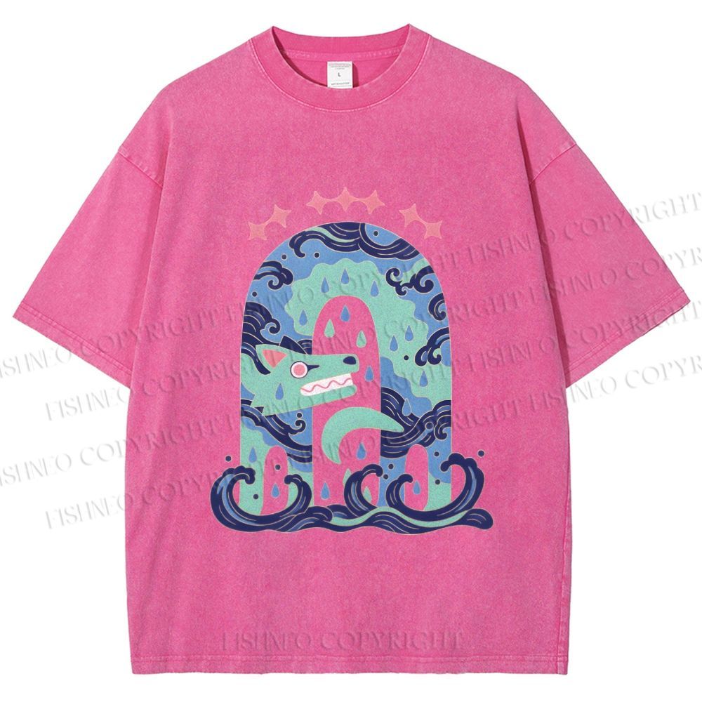 Unisex Wolf in Wave Printed Washed Tee