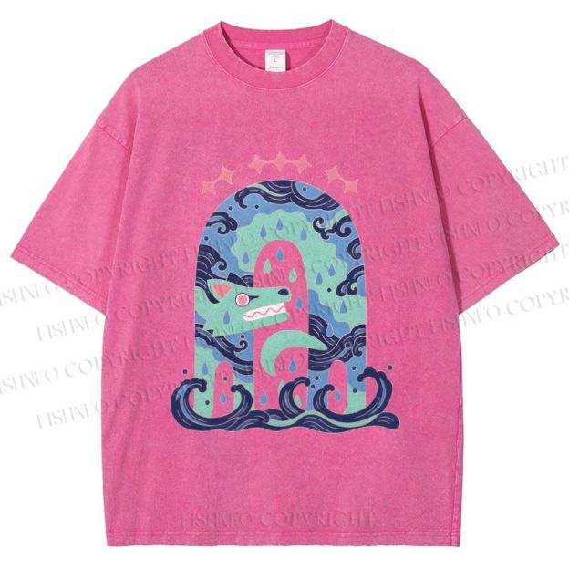 Unisex Wolf in Wave Printed Washed Tee