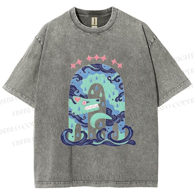 Unisex Wolf in Wave Printed Washed Tee