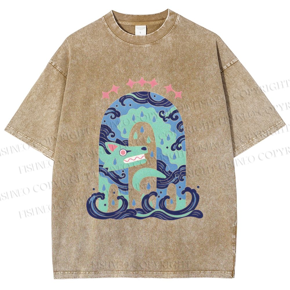 Unisex Wolf in Wave Printed Washed Tee
