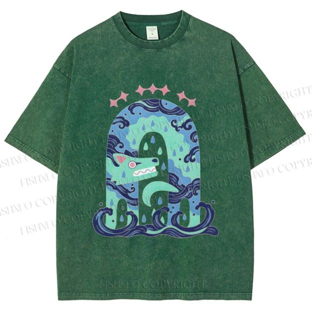 Unisex Wolf in Wave Printed Washed Tee