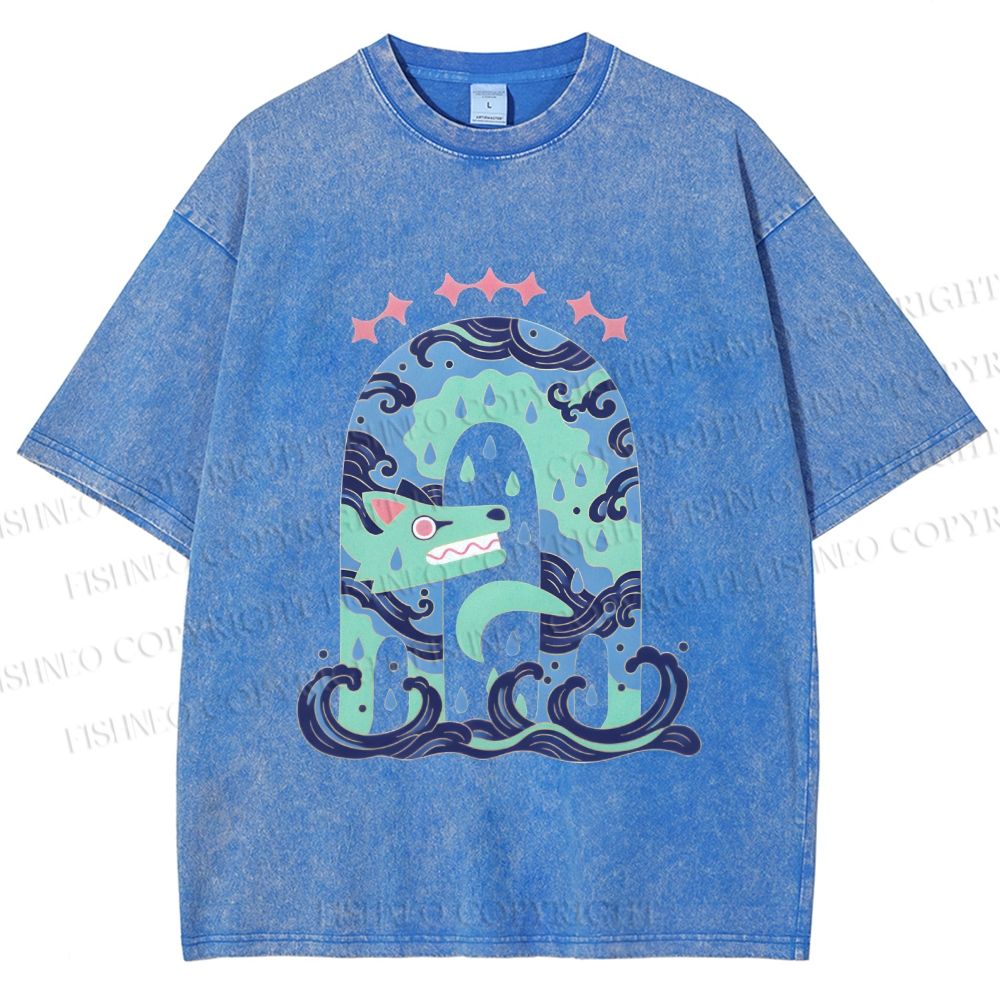 Unisex Wolf in Wave Printed Washed Tee