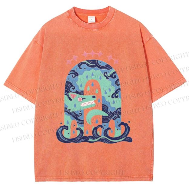 Unisex Wolf in Wave Printed Washed Tee