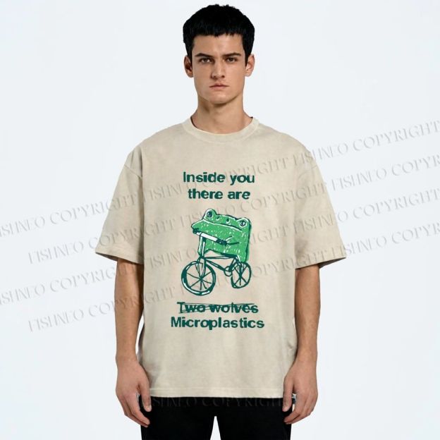 Unisex Bicycle Frog Printed Washed Tee