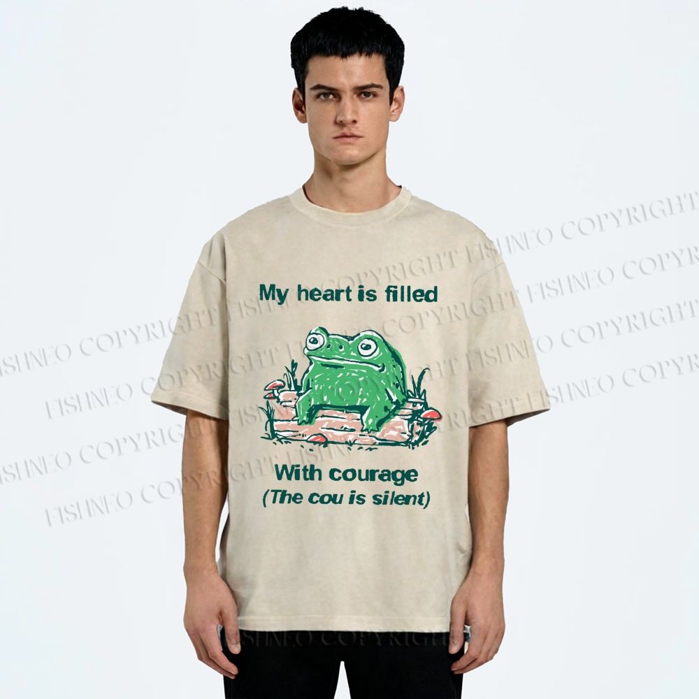 Unisex My Heart Is Filled With Courage Frog Printed Washed Tee