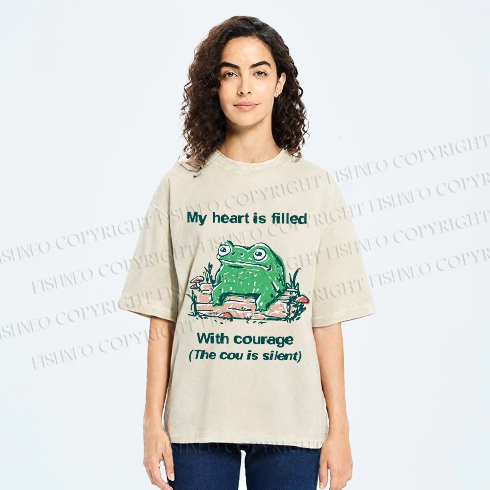 Unisex My Heart Is Filled With Courage Frog Printed Washed Tee