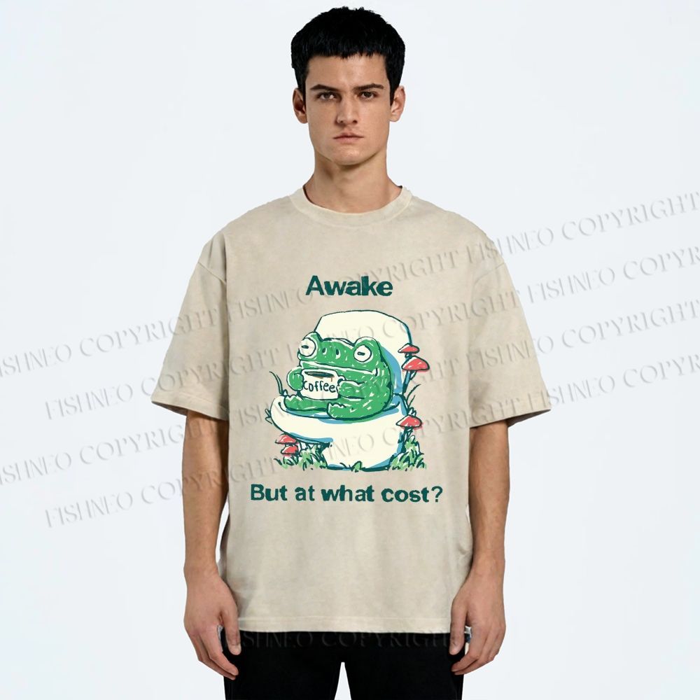 Unisex Awake But At What Cost Frog Printed Washed Tee