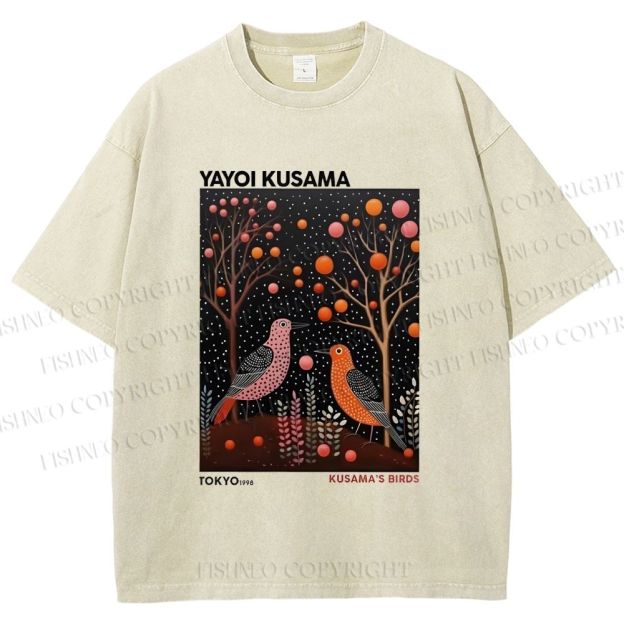 Unisex Yayoi Kusama Vintage Polka Dot Bird Printed Washed Tee