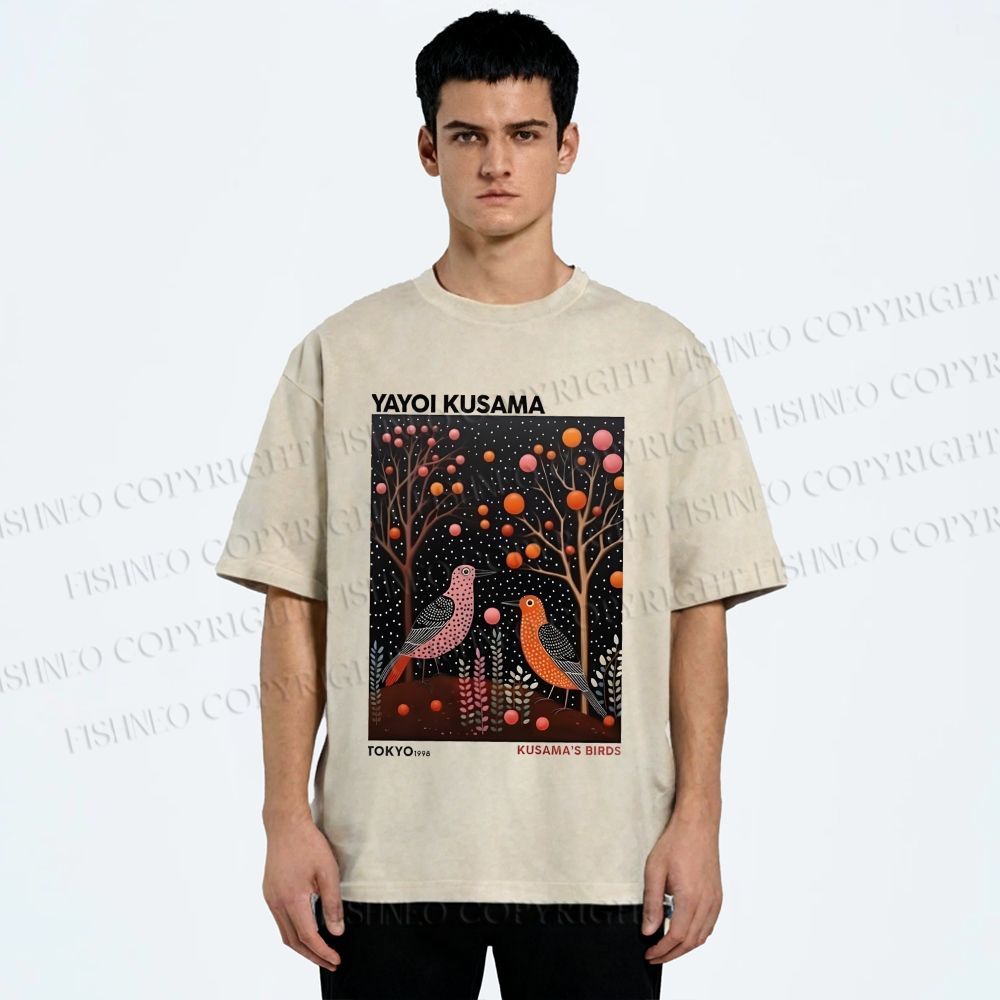 Unisex Yayoi Kusama Vintage Polka Dot Bird Printed Washed Tee