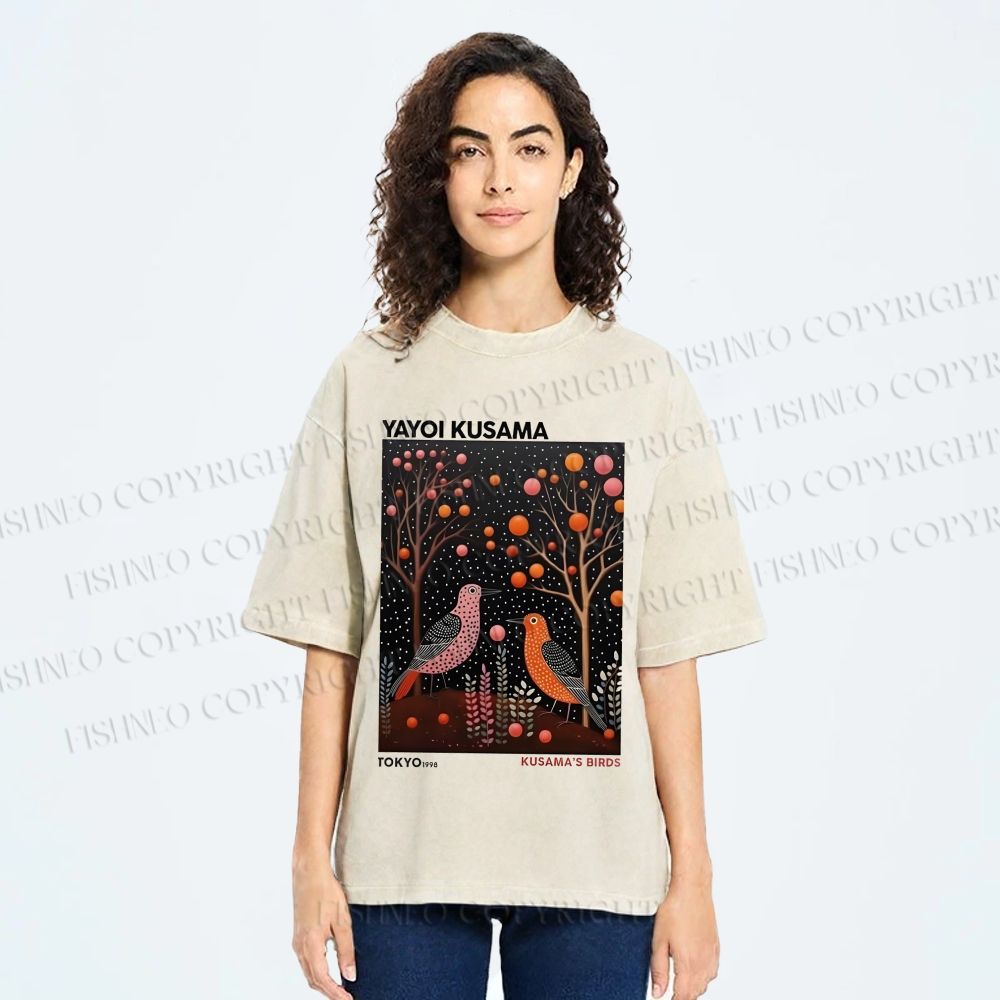 Unisex Yayoi Kusama Vintage Polka Dot Bird Printed Washed Tee