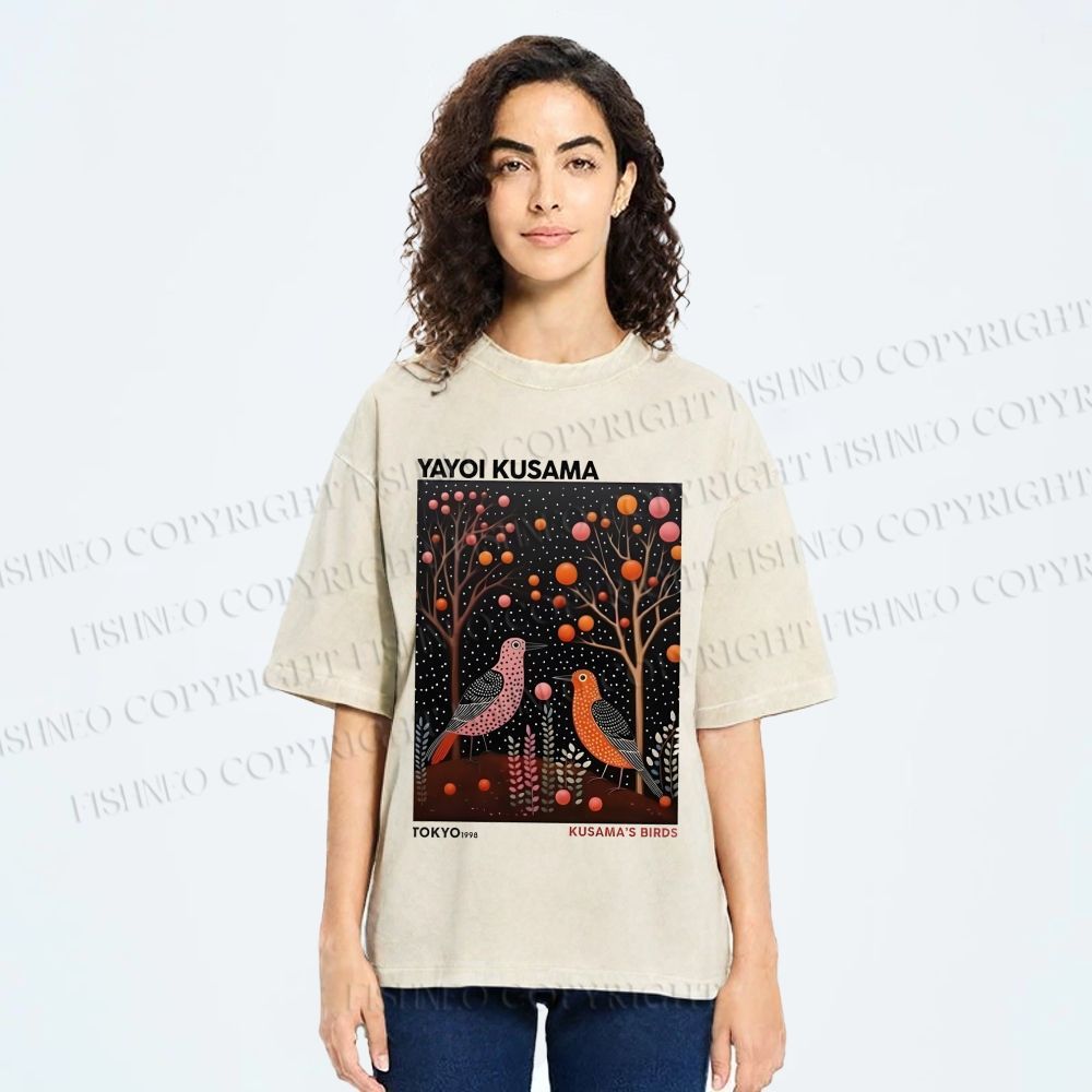 Unisex Yayoi Kusama Vintage Polka Dot Bird Printed Washed Tee