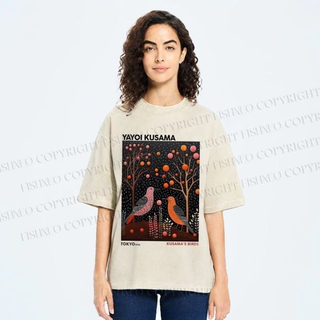 Unisex Yayoi Kusama Vintage Polka Dot Bird Printed Washed Tee