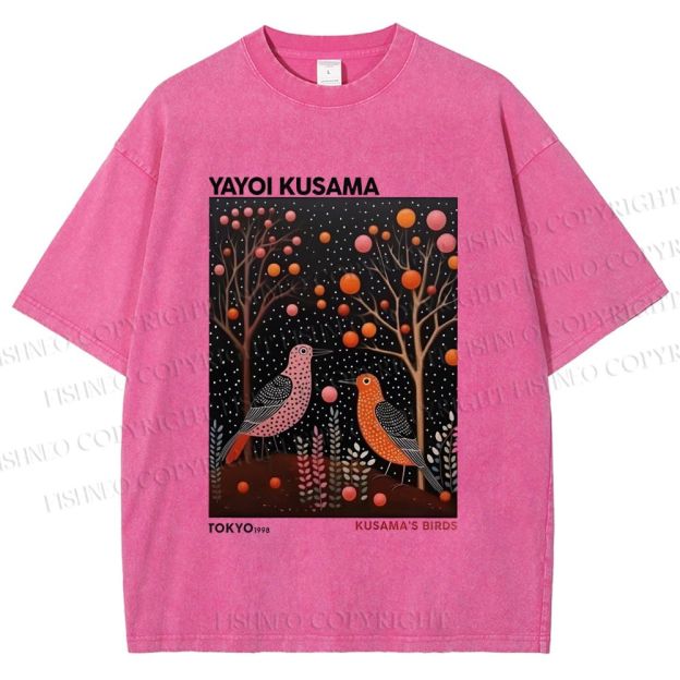 Unisex Yayoi Kusama Vintage Polka Dot Bird Printed Washed Tee