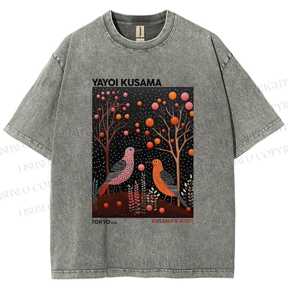 Unisex Yayoi Kusama Vintage Polka Dot Bird Printed Washed Tee